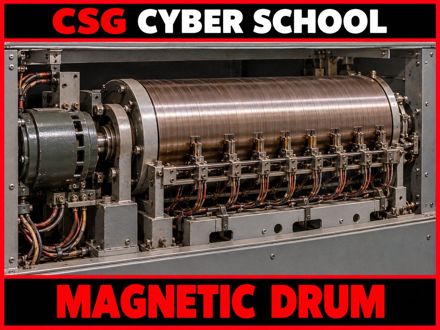 1950s magnetic drum memory unit for early computer data storage, illustrated for CSG Cyber School