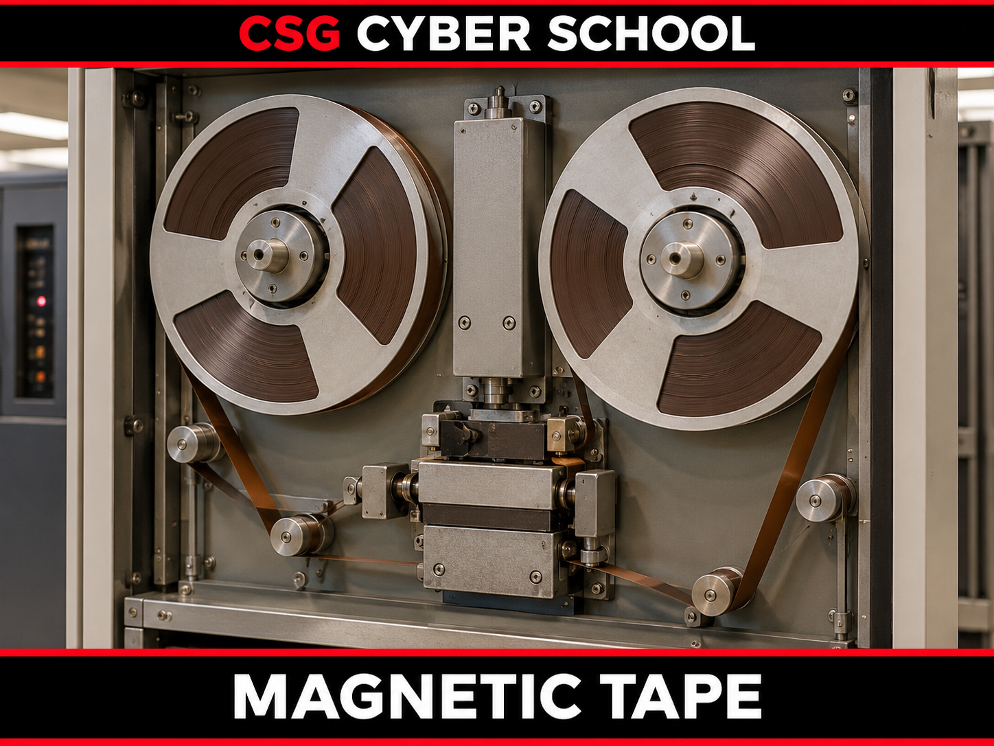 Vintage 1950s magnetic tape drive used for computer data storage, featured in CSG Cyber School's lesson