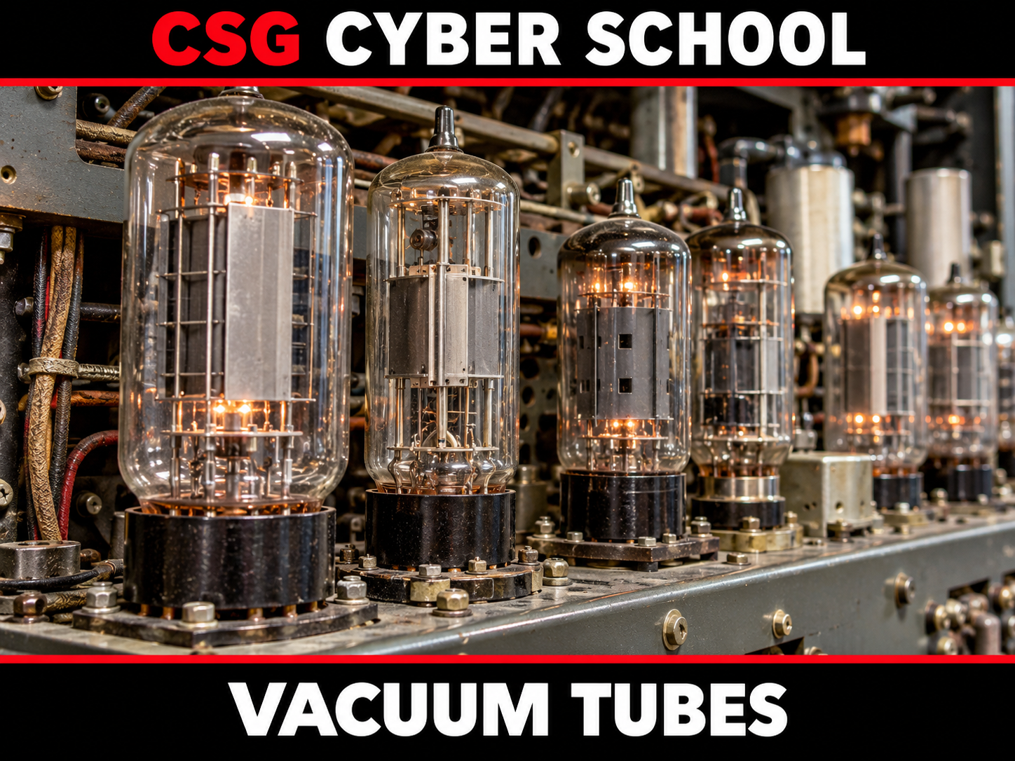 Vintage vacuum tubes from first-generation computers, shown in CSG Cyber School's Basic Computer for Cyber Security lesson
